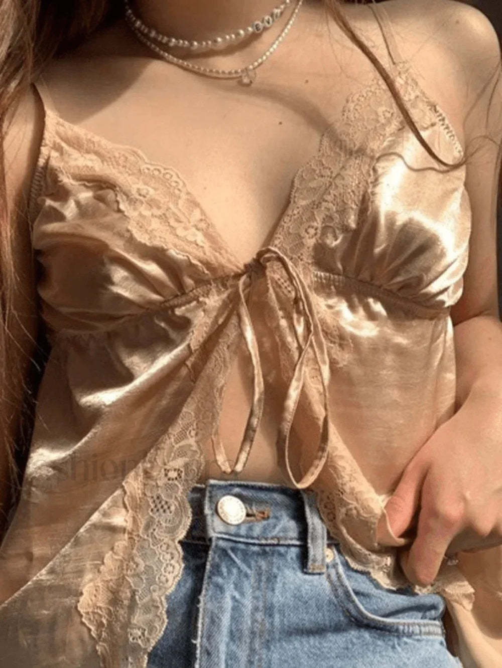 Lace Paneled Split Satin Crop Cami Top Beige / S Tops&Tees