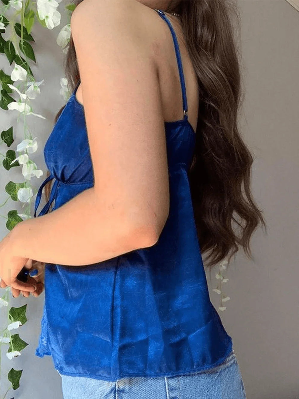 Lace Paneled Split Satin Crop Cami Top Tops&Tees