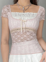 Lace Patchwork Crop Blouse Pink / S Shirts