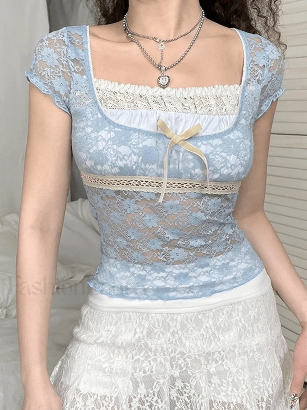 Lace Patchwork Crop Blouse Blue / S Shirts