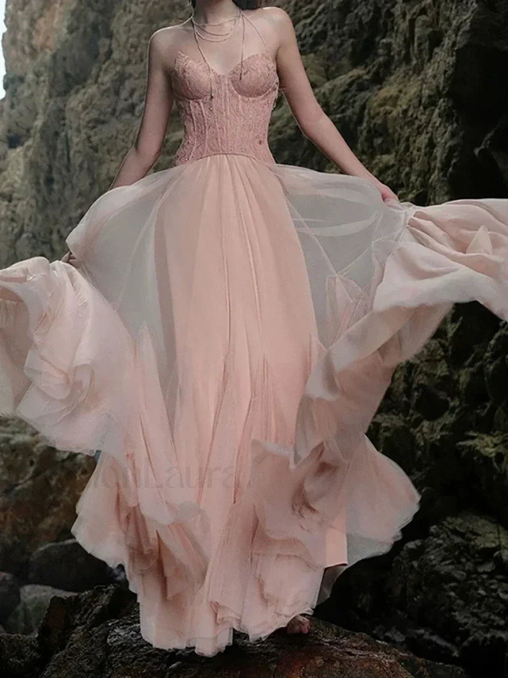 Lace Patchwork Pink Maxi Dress