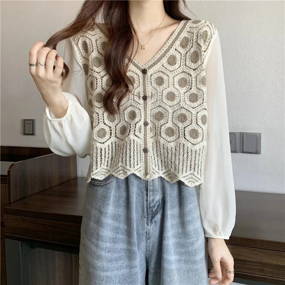 Lace Patchwork Solid Color Pullover Casual Clothes Blouse
