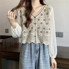 Lace Patchwork Solid Color Pullover Casual Clothes Blouse
