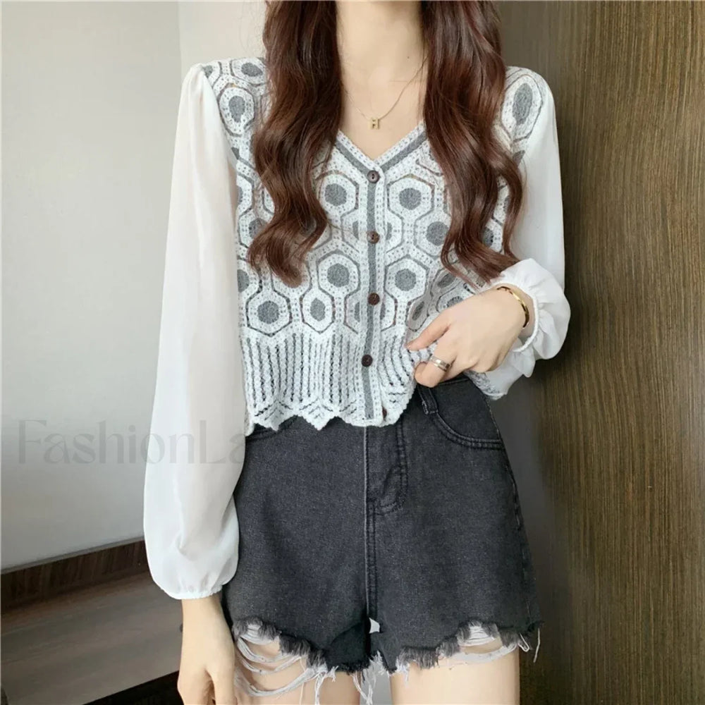 Lace Patchwork Solid Color Pullover Casual Clothes Blouse