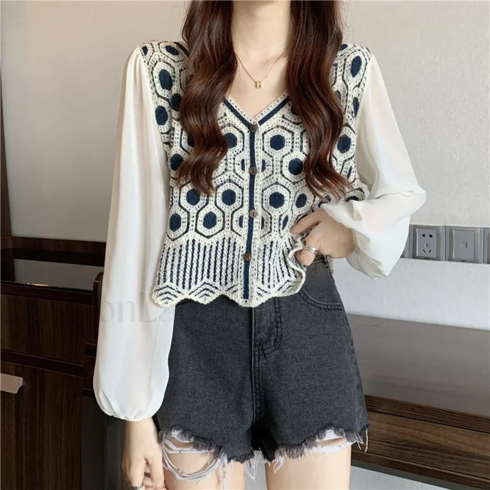 Lace Patchwork Solid Color Pullover Casual Clothes Blouse DEEP BLUE / One Size