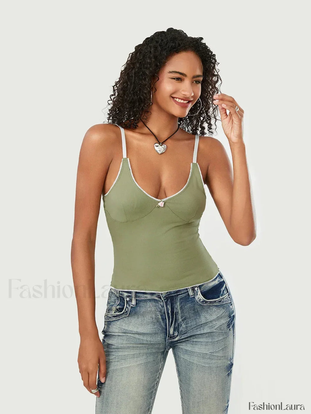 Lace Patchwork V Neck Crop Top Green / S