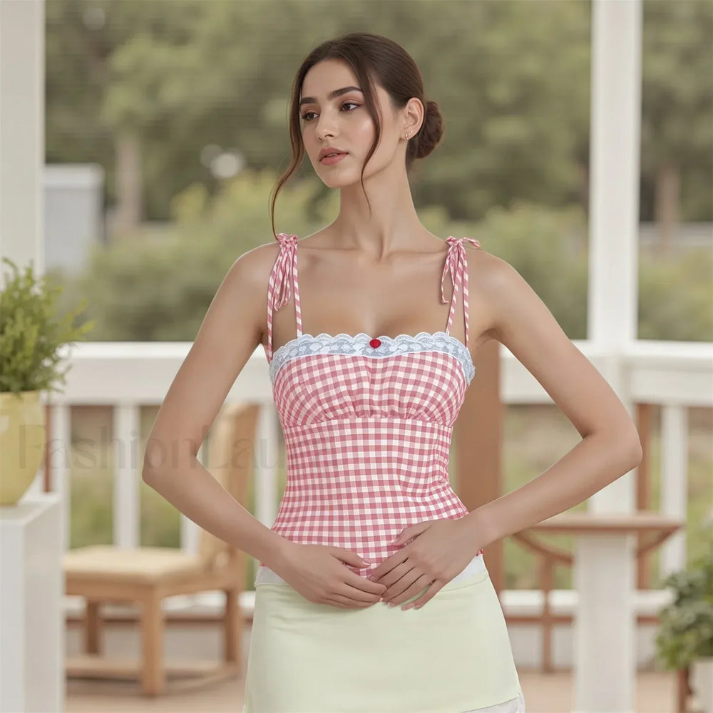 Lace Plaid Fitted Crop Top Pink / S