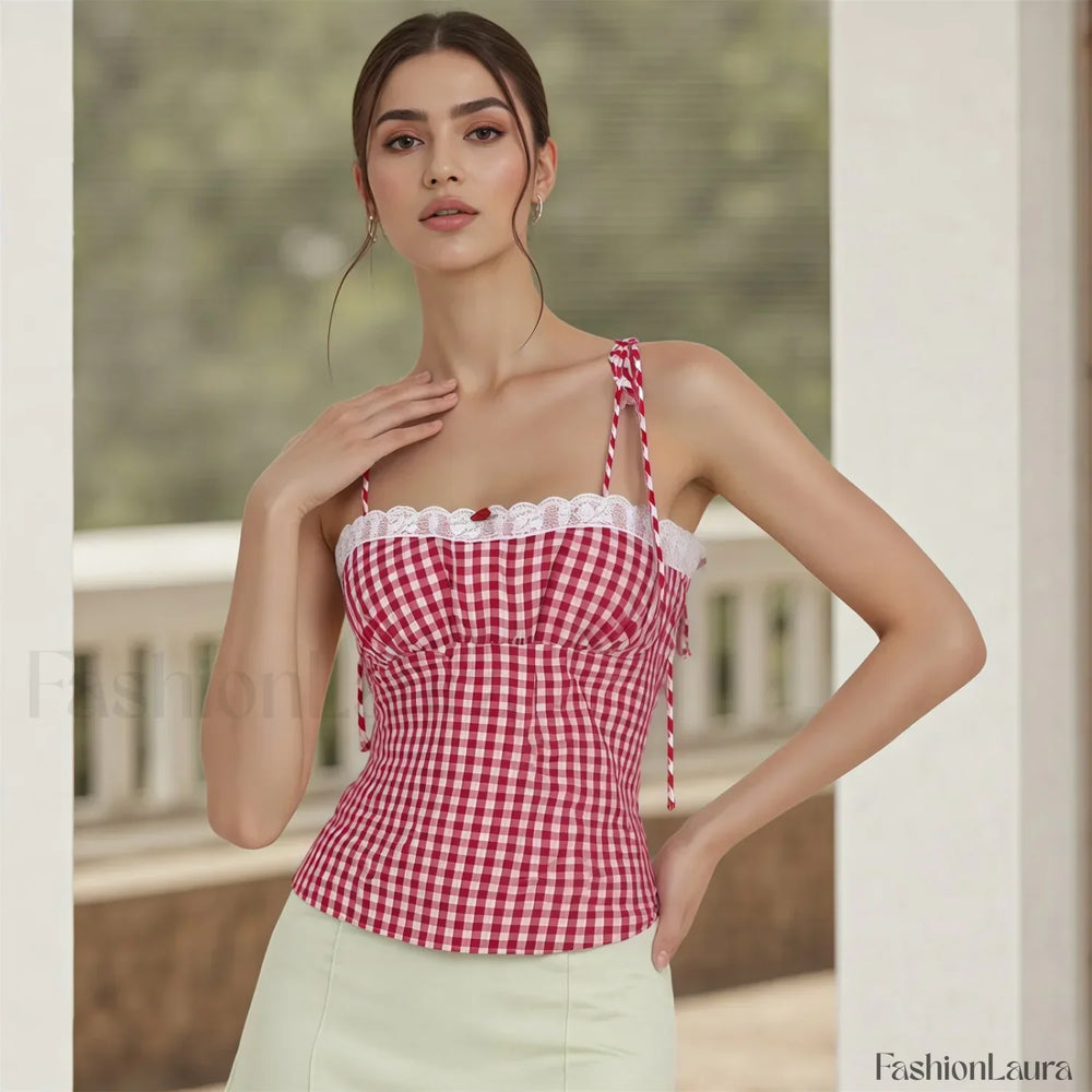 Lace Plaid Fitted Crop Top Red / S