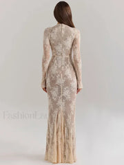 Lace Print Long Sleeve Maxi Dress