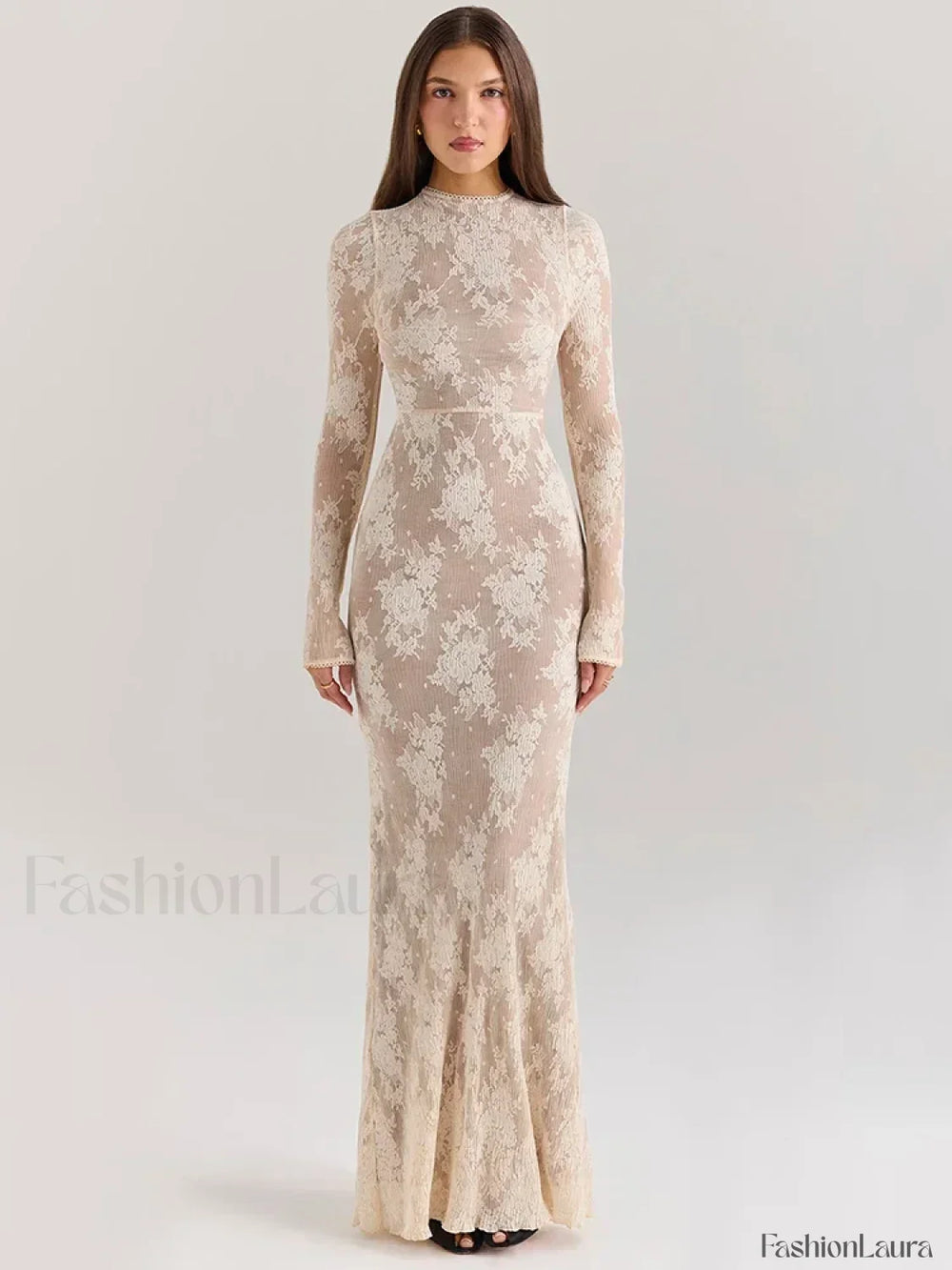 Lace Print Long Sleeve Maxi Dress WHITE / S