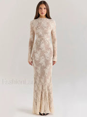 Lace Print Long Sleeve Maxi Dress WHITE / S