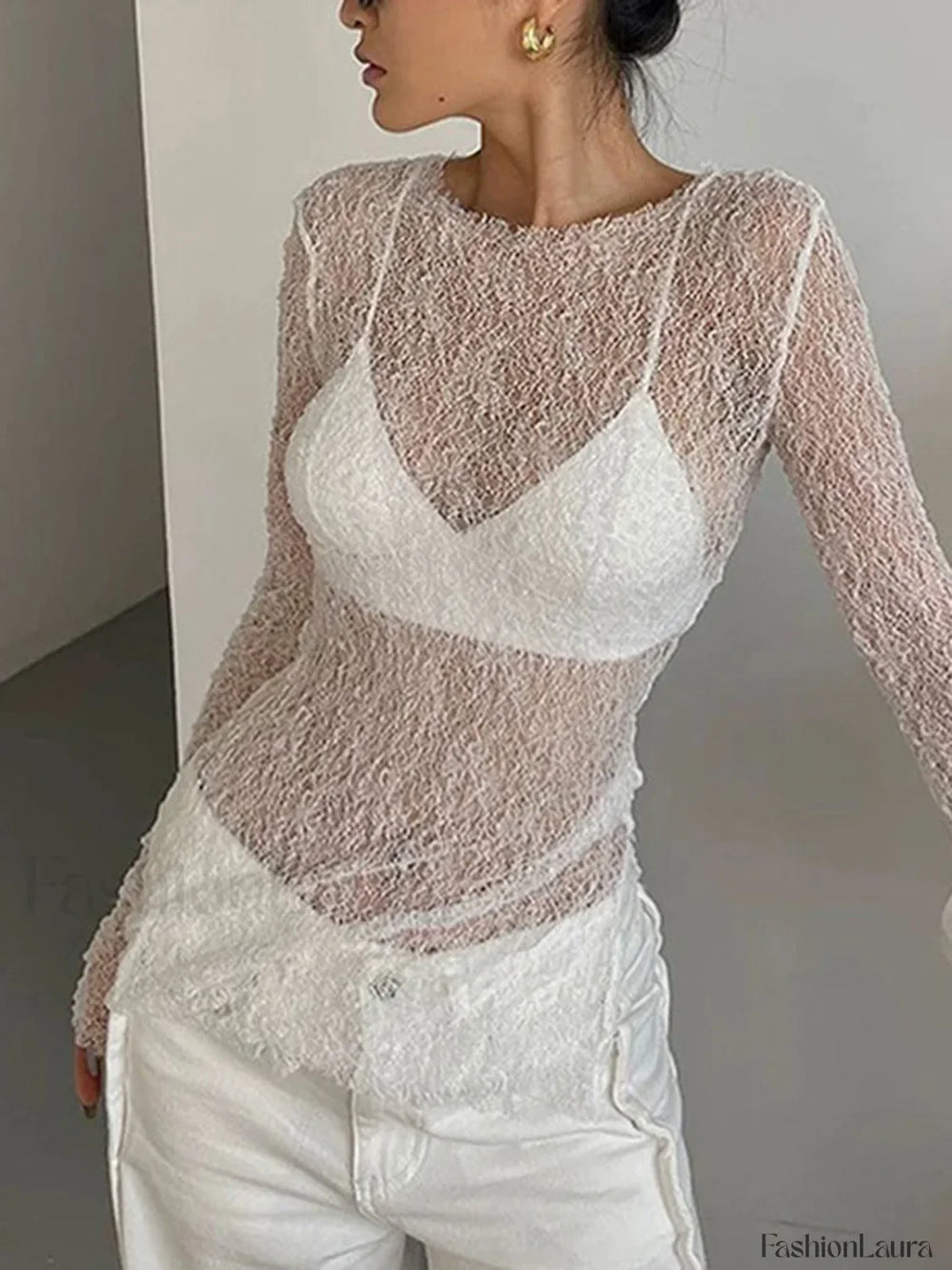 Lace Raw Hem Crew Modern Neck Long Sleeve Top White / XS T Shirts