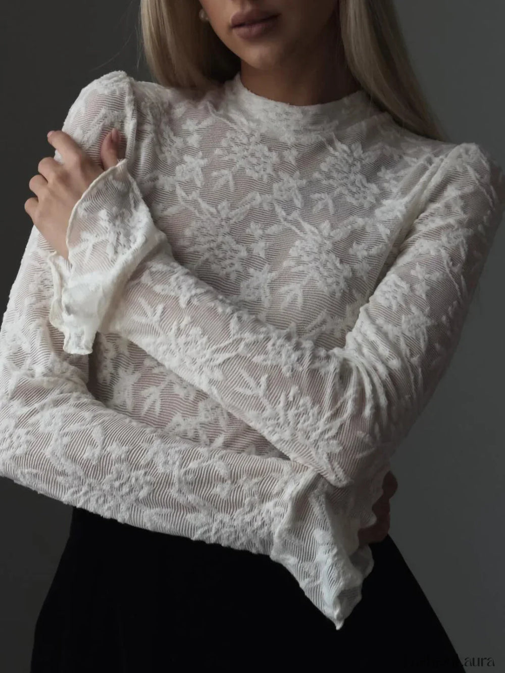 Lace Ruffle Cuff Trendy Long Sleeve Shirt White / XS T Shirts