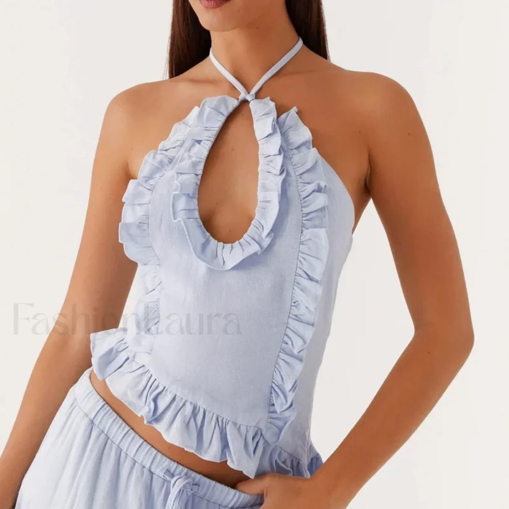 Lace Ruffle Halter Crop Top Blue / S
