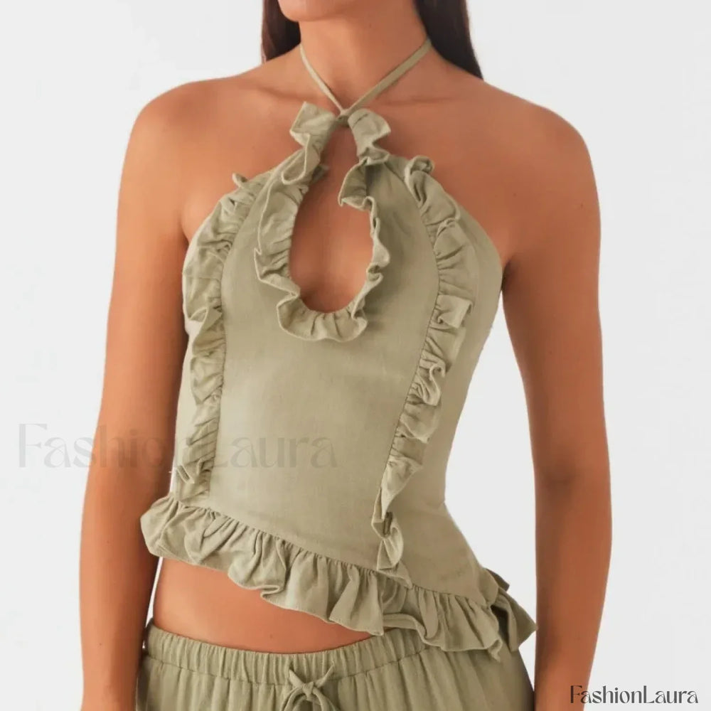 Lace Ruffle Halter Crop Top Green / S