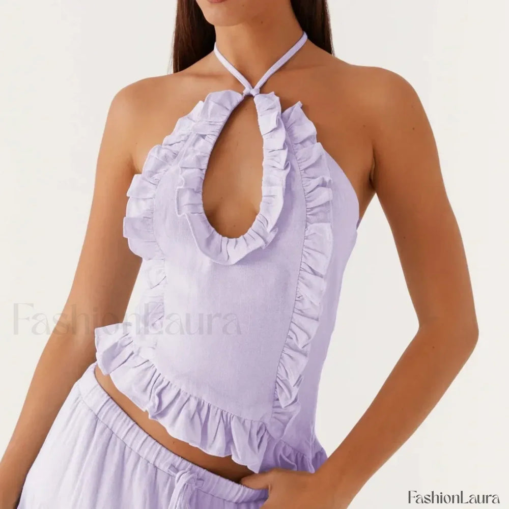 Lace Ruffle Halter Crop Top PURPLE / S