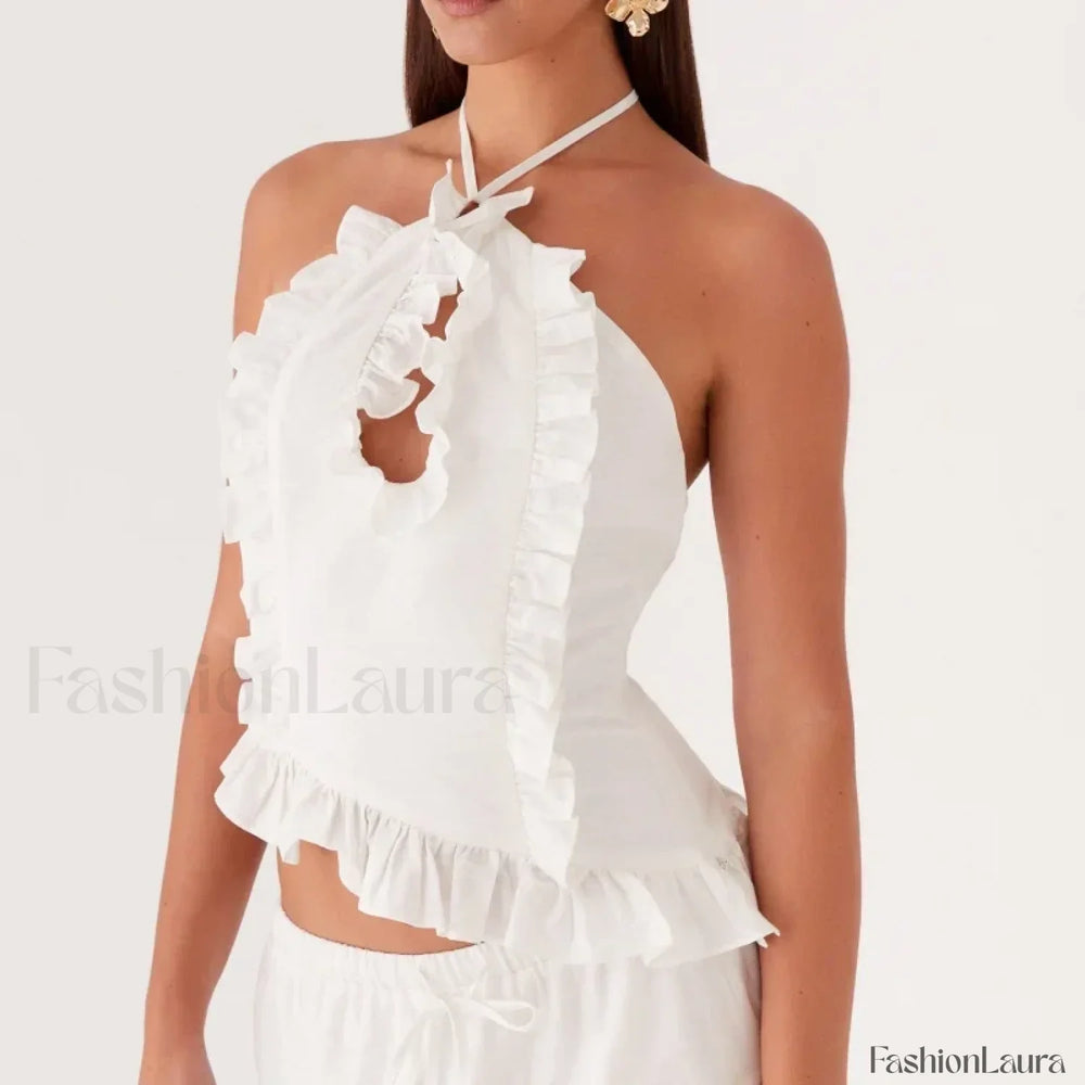 Lace Ruffle Halter Crop Top WHITE / S