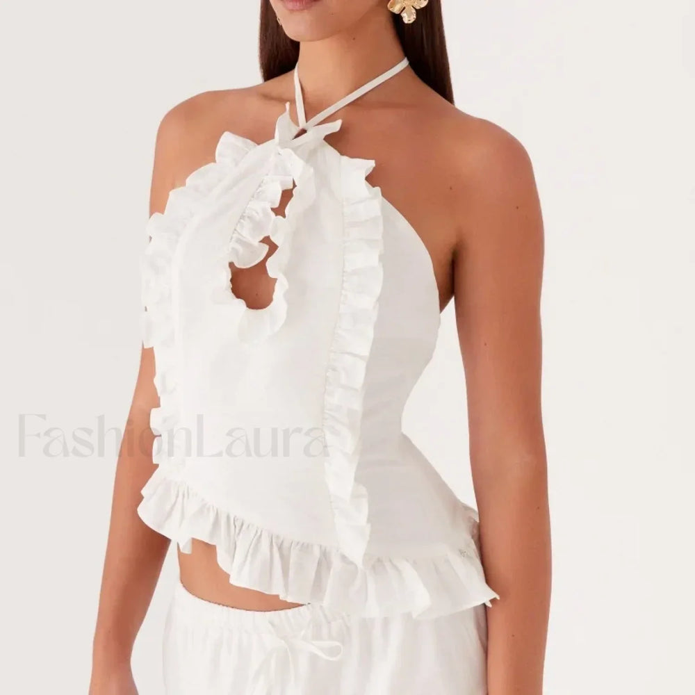 Lace Ruffle Halter Crop Top WHITE / S