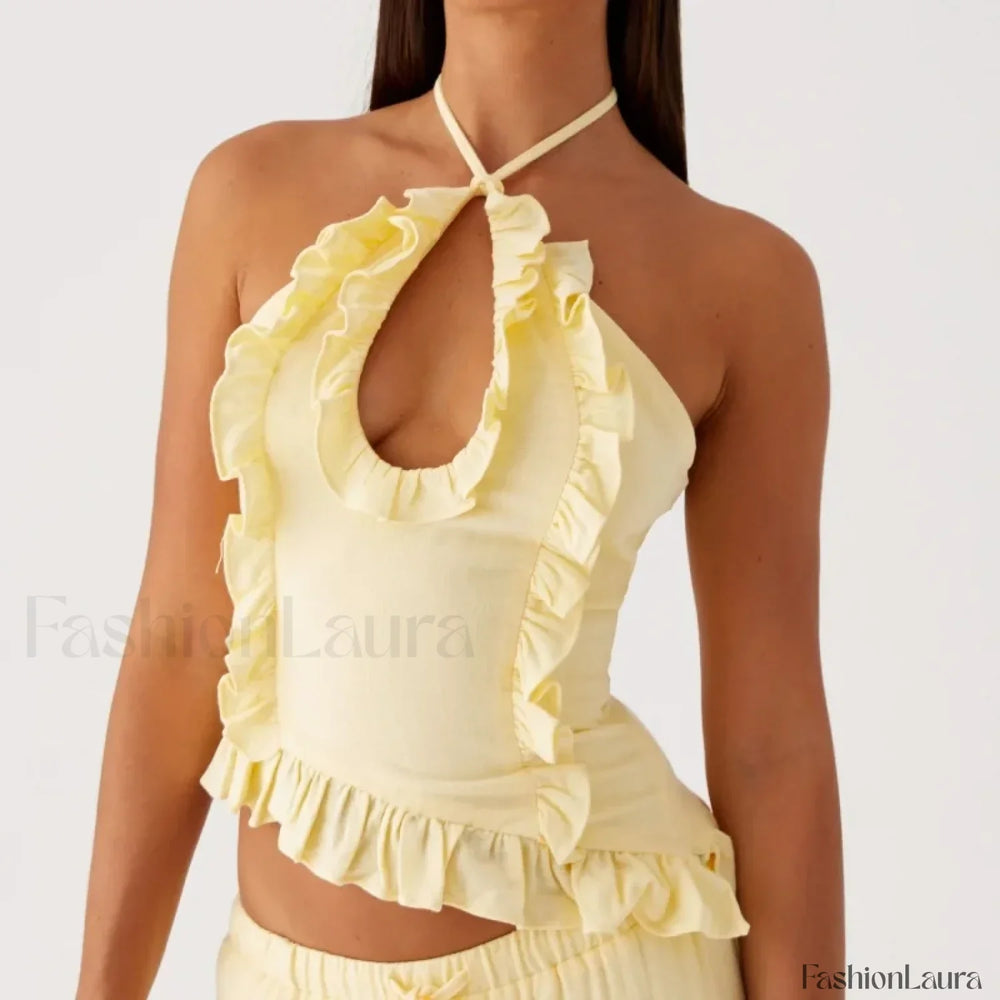 Lace Ruffle Halter Crop Top Yellow / S