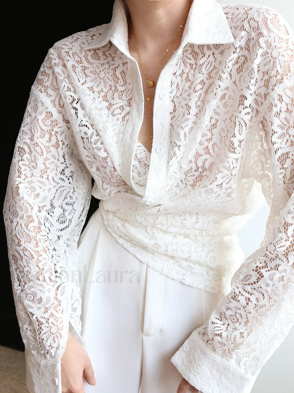 Lace Semi sheer Graceful Collared Shirt Shirts