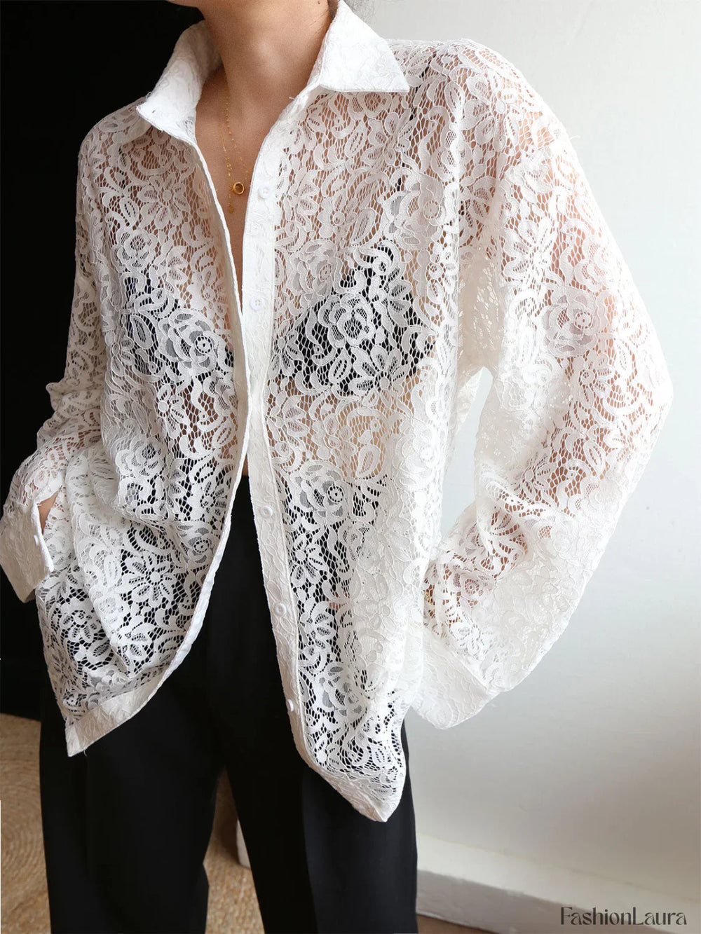 Lace Semi sheer Graceful Collared Shirt White / XS Shirts