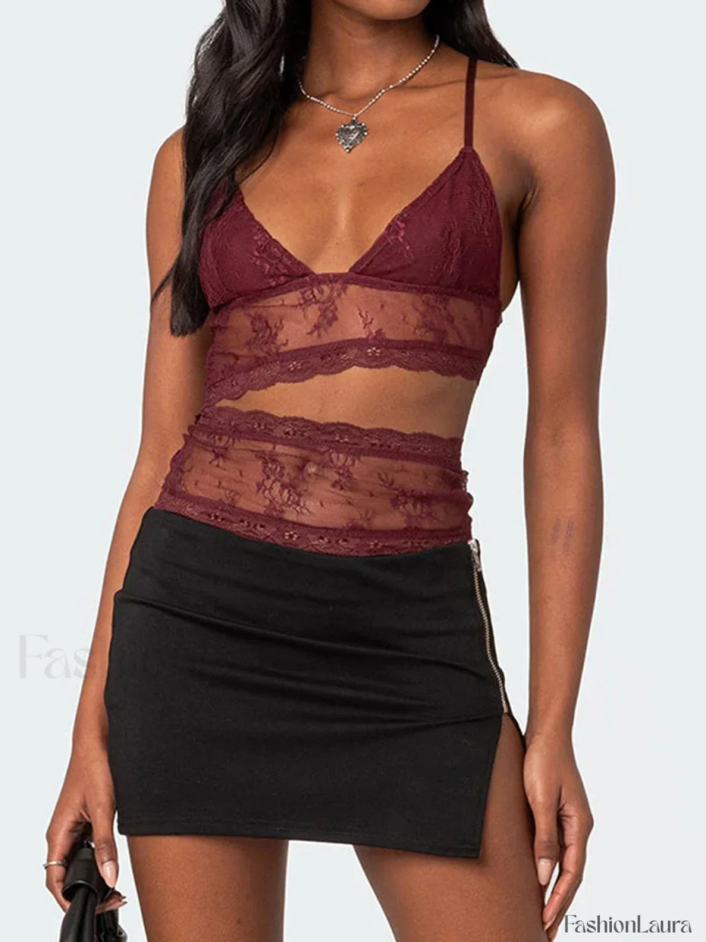 Lace Sheer Cutout Crop Top Red / S