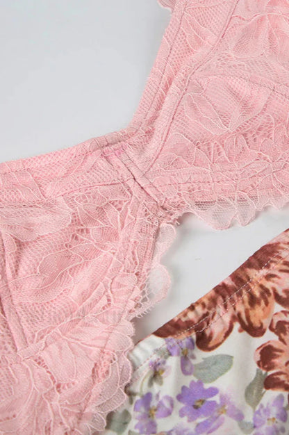 Lace Splicing Printed Irregular Split Hollow Strappy Beach Maxi Dress