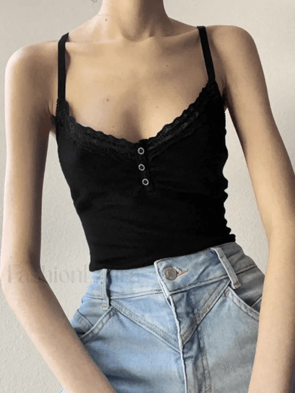 Lace Trim Black Ribbed Cami Top Tops&Tees