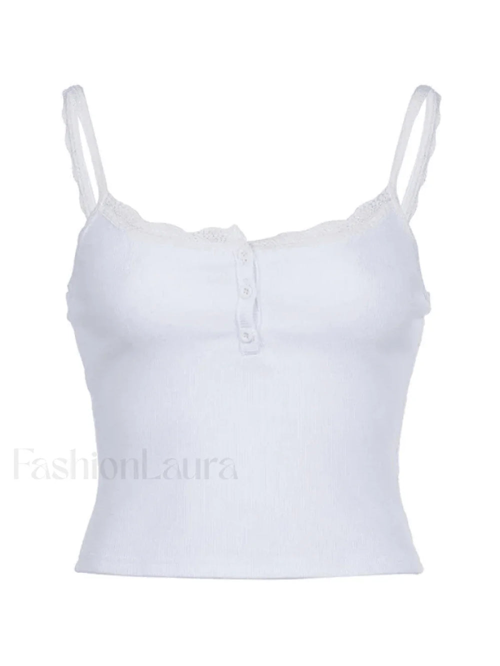 Lace Trim Button Up Ribbed Crop Cami Top Tops&Tees