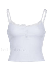 Lace Trim Button Up Ribbed Crop Cami Top Tops&Tees