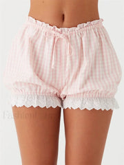 Lace Trim Casual Plaid Bloomers Lolita Cosplay Short Pink / S