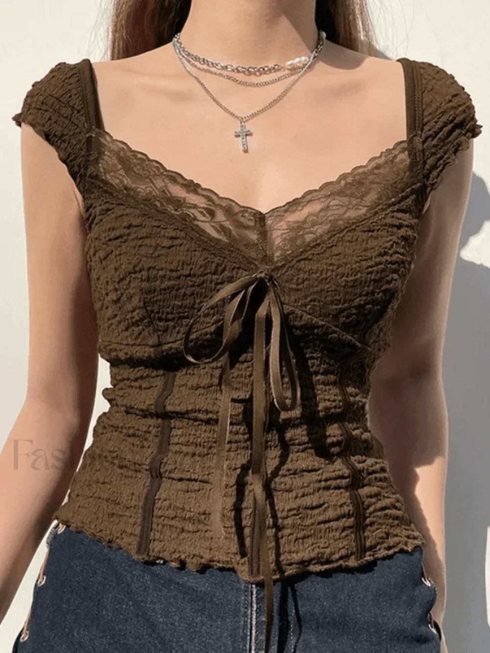 Lace Trim Crinkle Cropped Blouse Brown / S Shirts