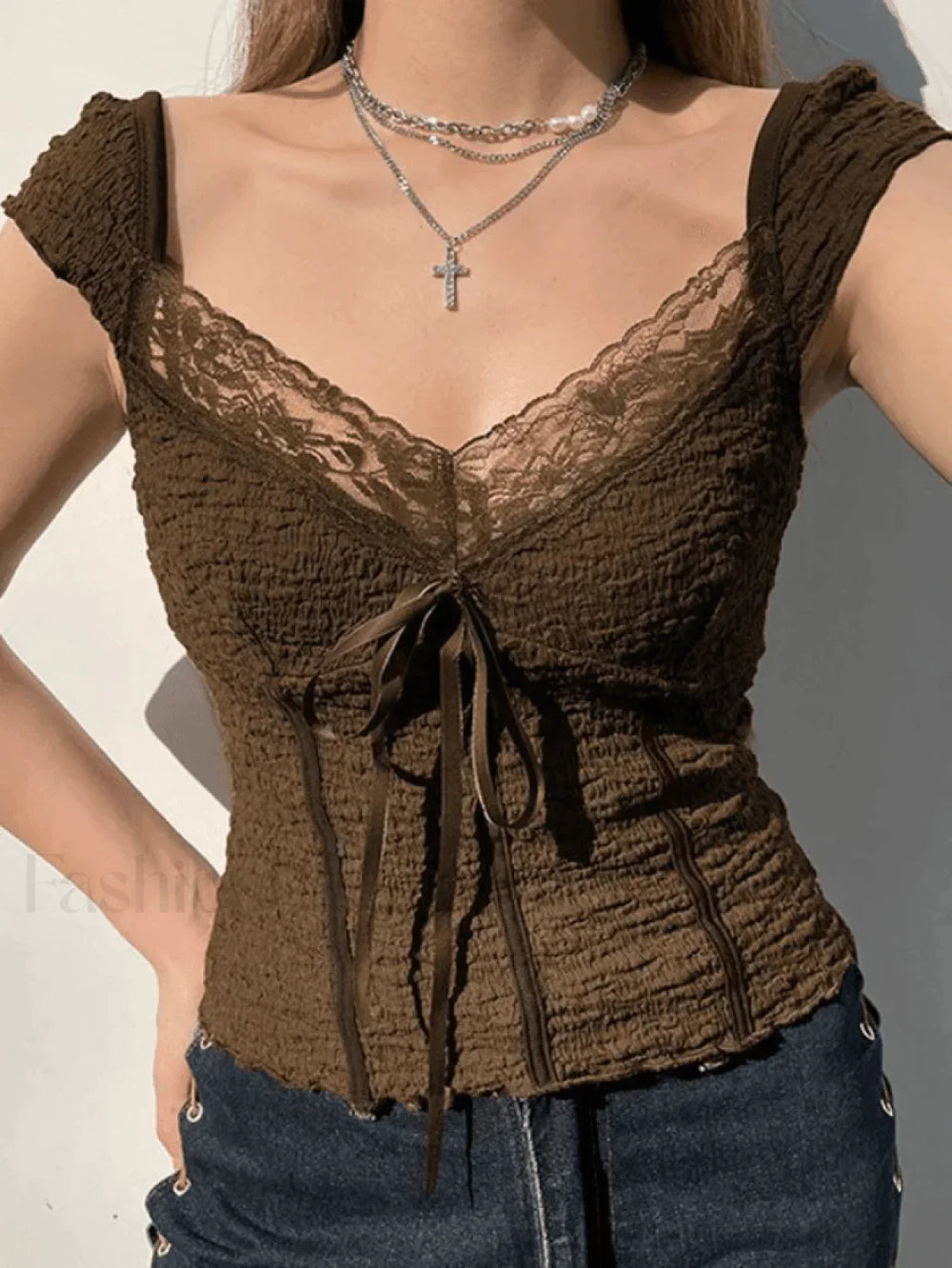 Lace Trim Crinkle Cropped Blouse Shirts
