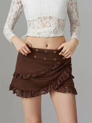 Lace Trim Irregular Hem Mini Skirt BROWN / S