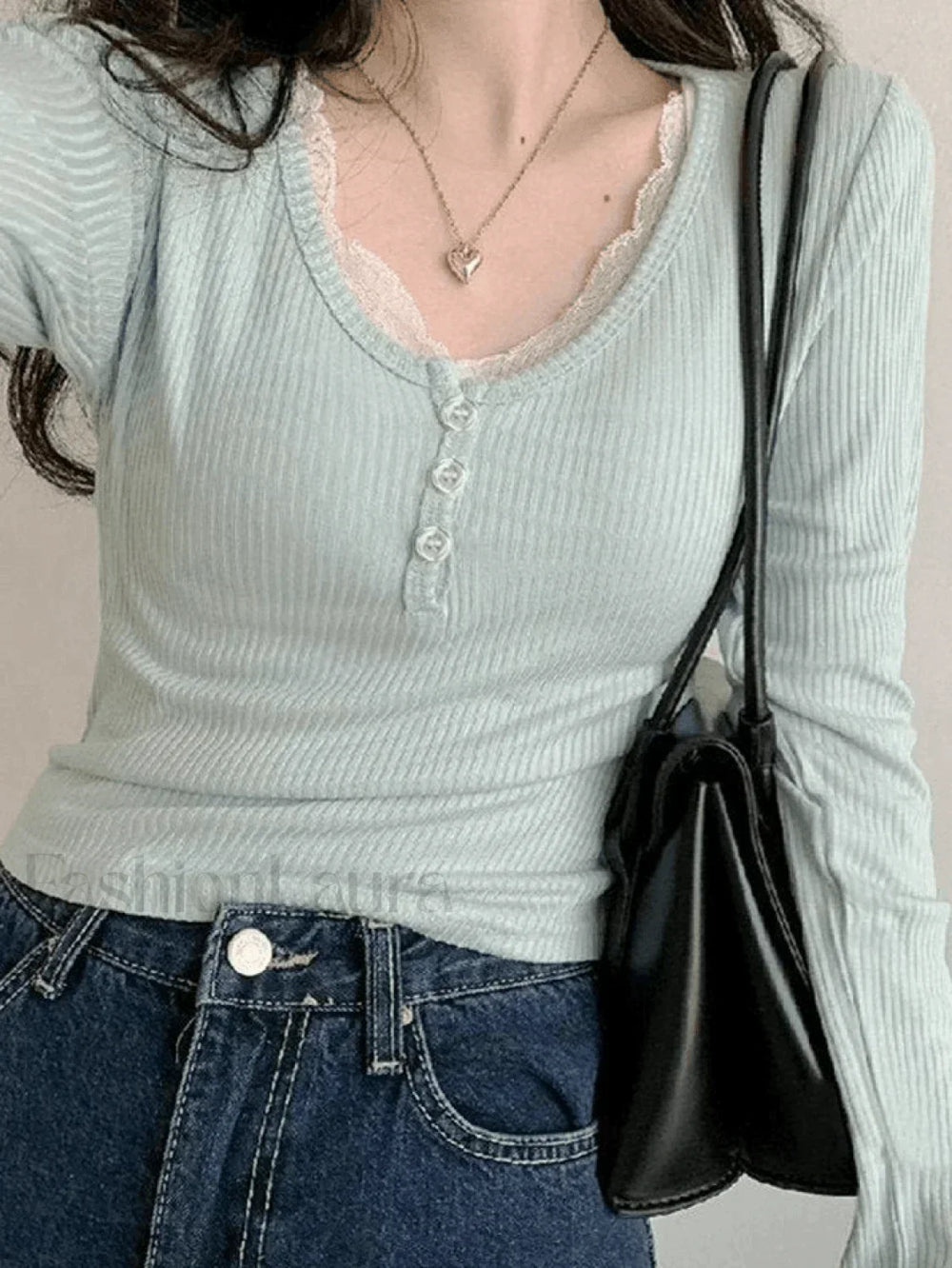 Lace Trim Knit Long Sleeve Crop Top Blue / S Sweaters