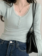 Lace Trim Knit Long Sleeve Crop Top Blue / S Sweaters