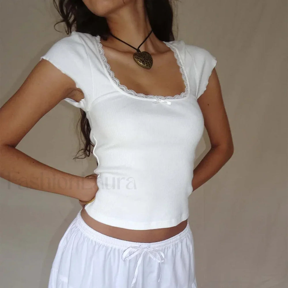 Lace Trim Knitted Vintage T Shirt WHITE / S