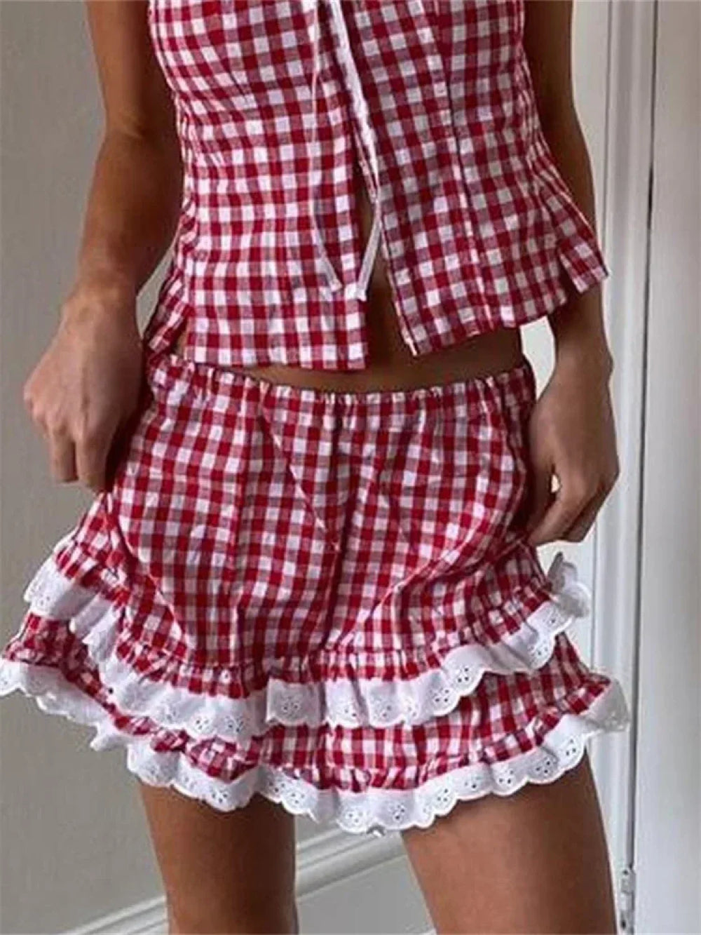 Lace Trim Plaid A Line Skirt RED / S