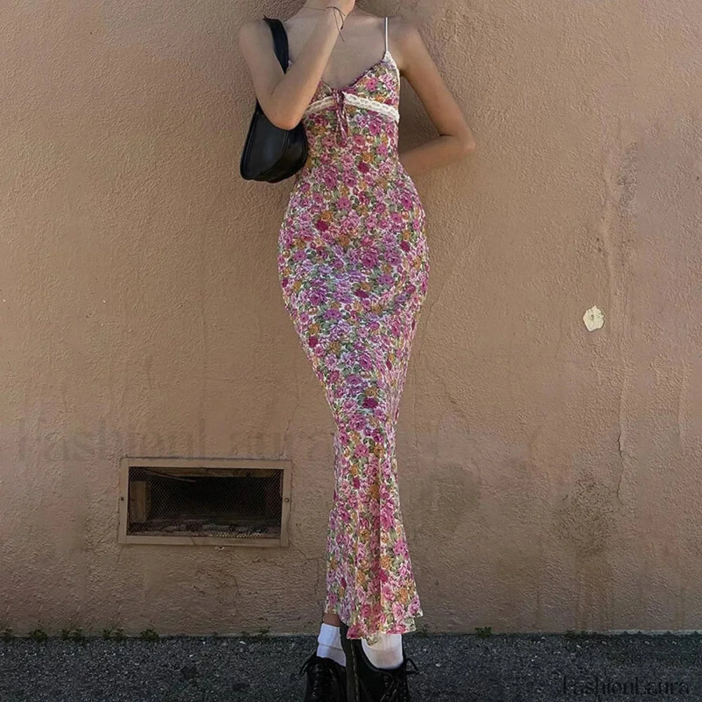 Lace Trim Spaghetti Floral Dress