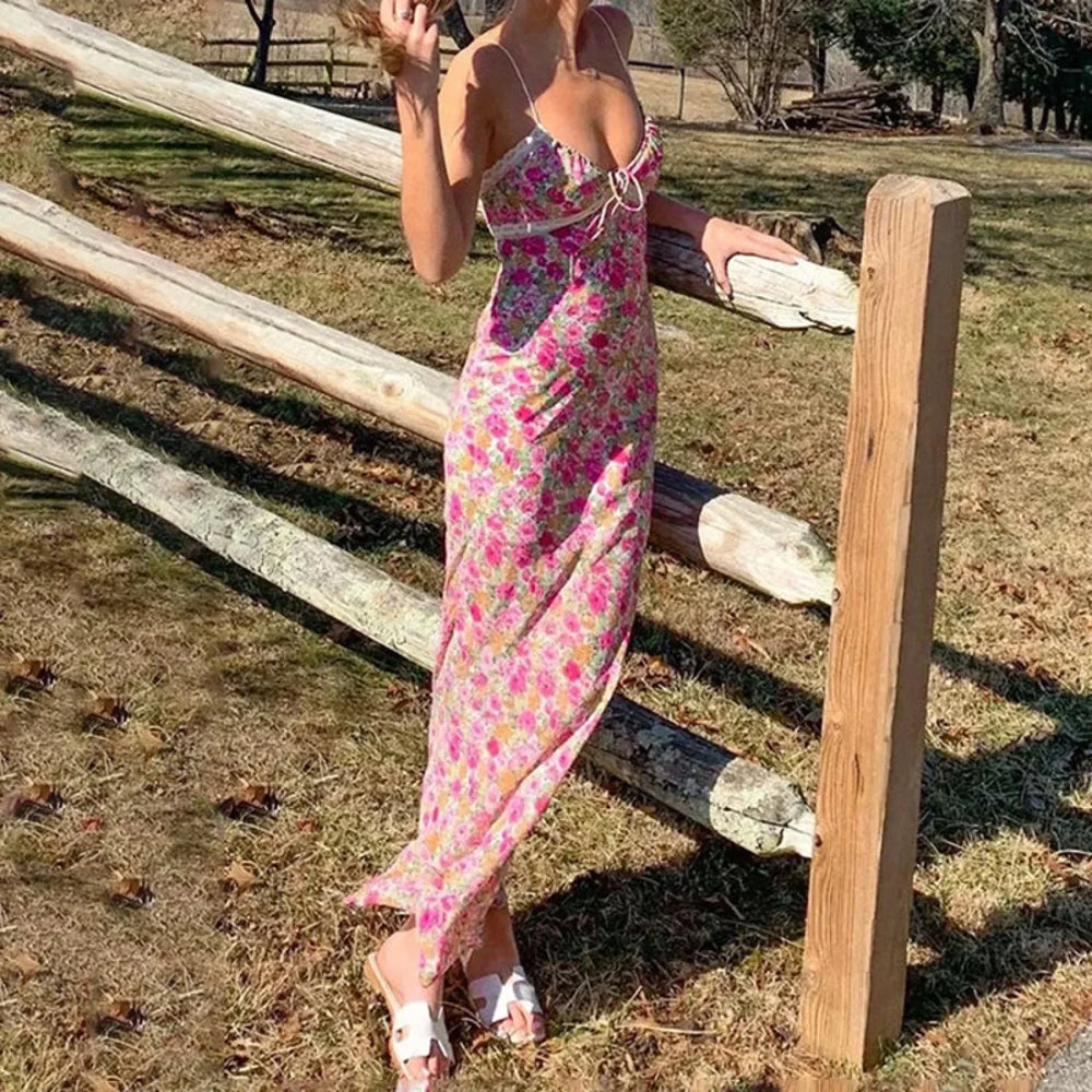 Lace Trim Spaghetti Floral Dress