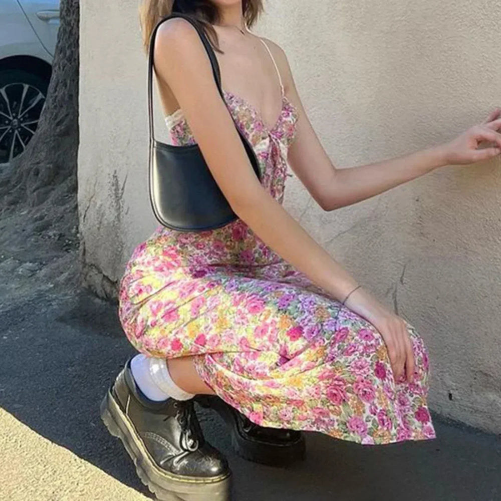 Lace Trim Spaghetti Floral Dress