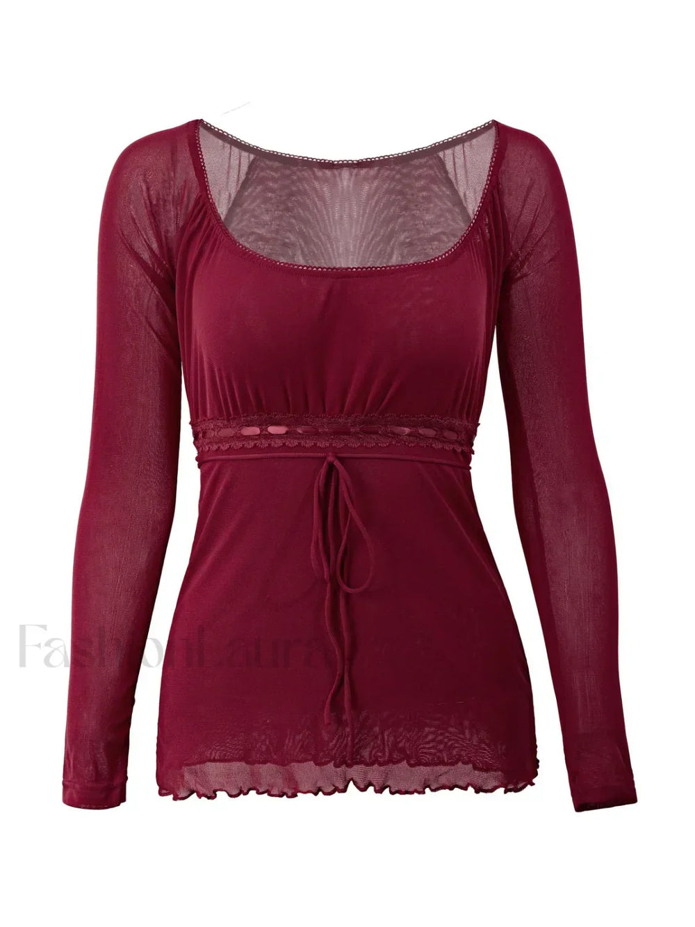 Lace Trim Tie Front Long Sleeve Blouse Long Sleeves