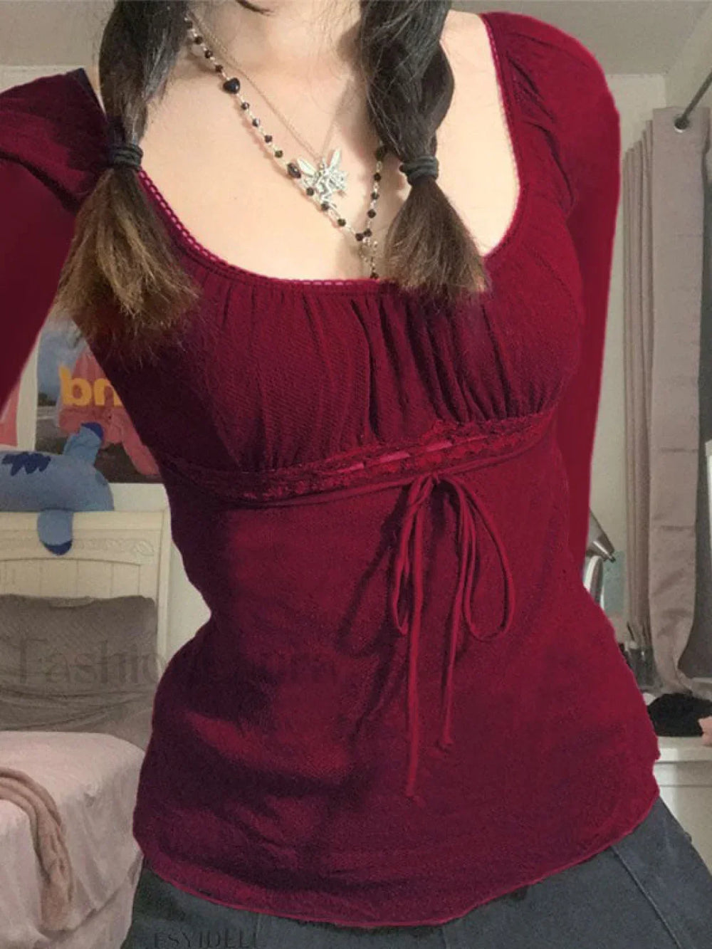 Lace Trim Tie Front Long Sleeve Blouse Long Sleeves