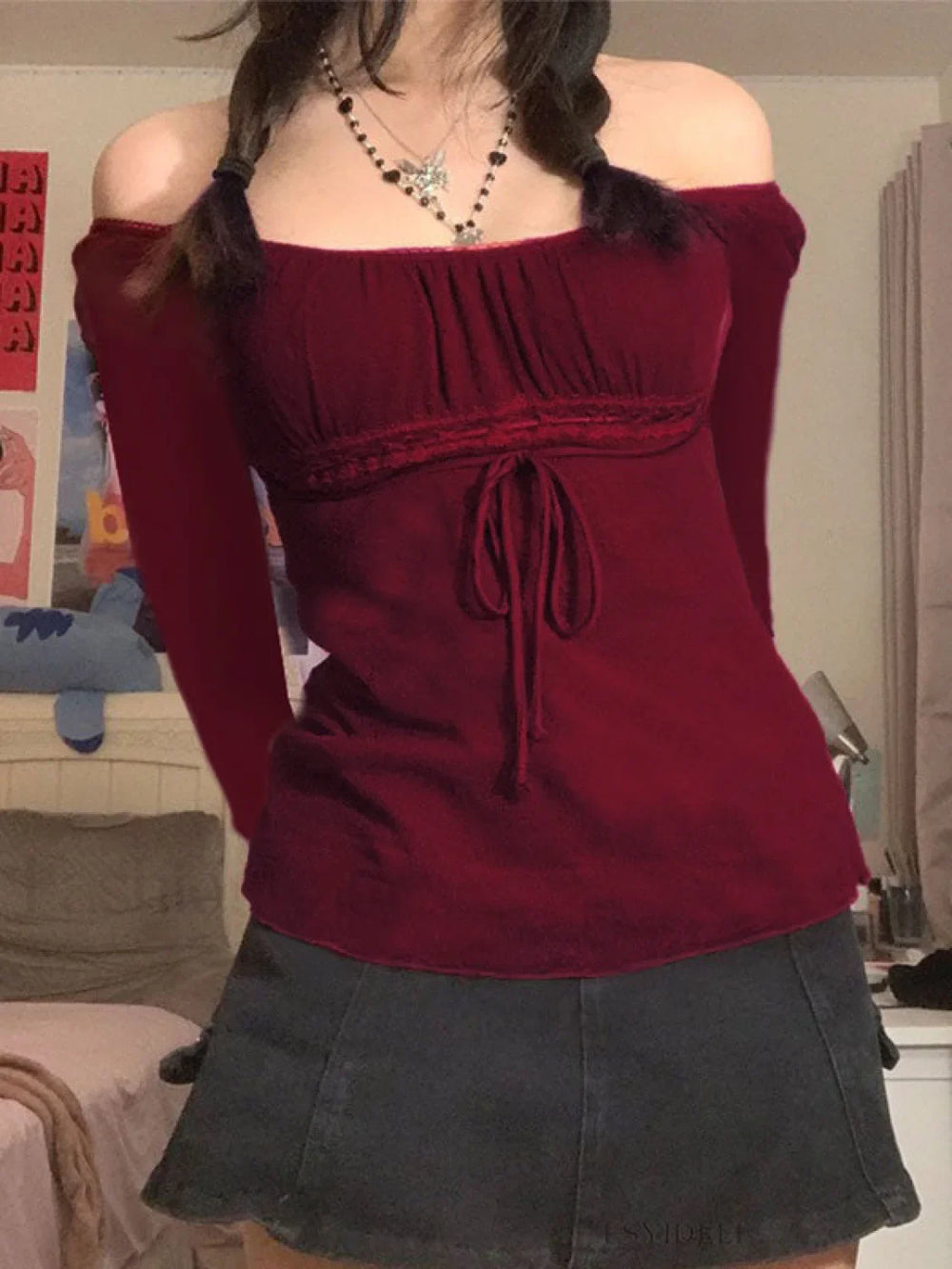 Lace Trim Tie Front Long Sleeve Blouse Long Sleeves