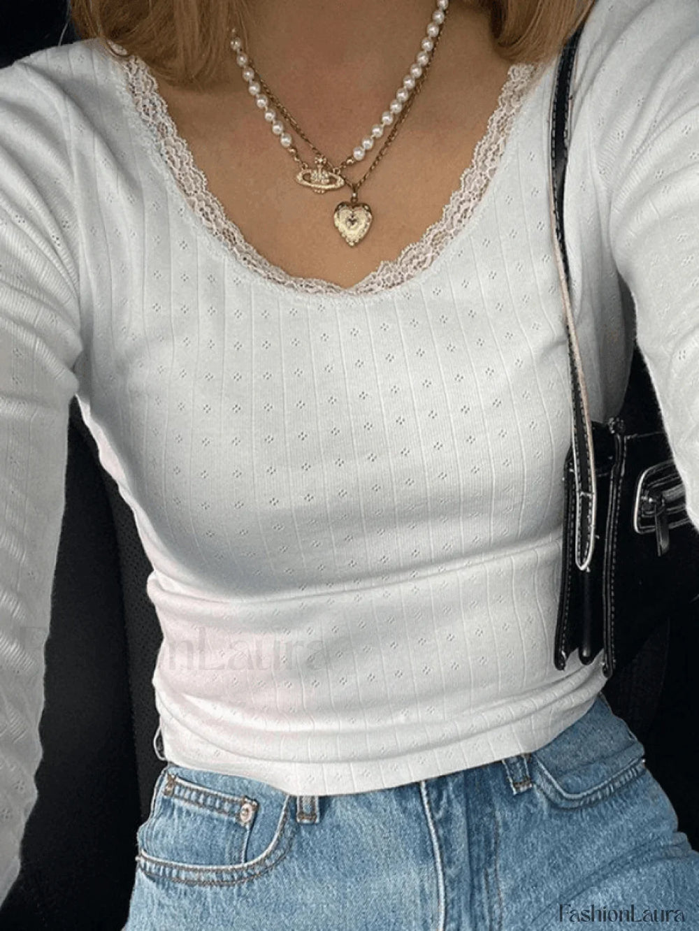Lace Trim White Knit Top White / S Sweaters