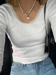Lace Trim White Knit Top White / S Sweaters