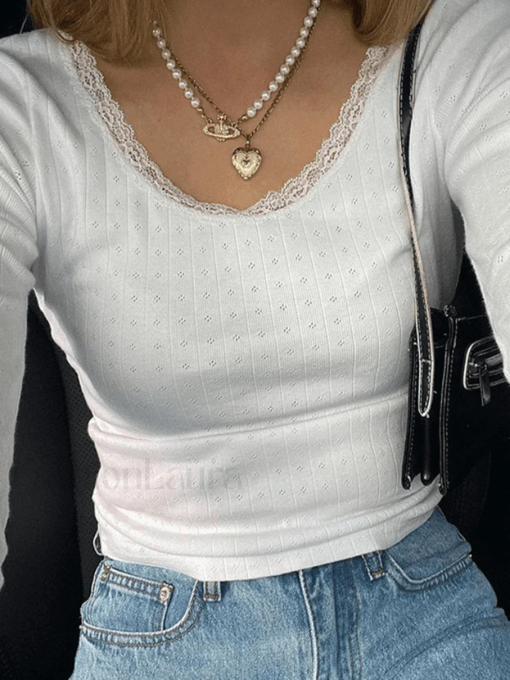 Lace Trim White Knit Top Sweaters