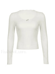Lace Trim White Ribbed Knit Top Sweaters
