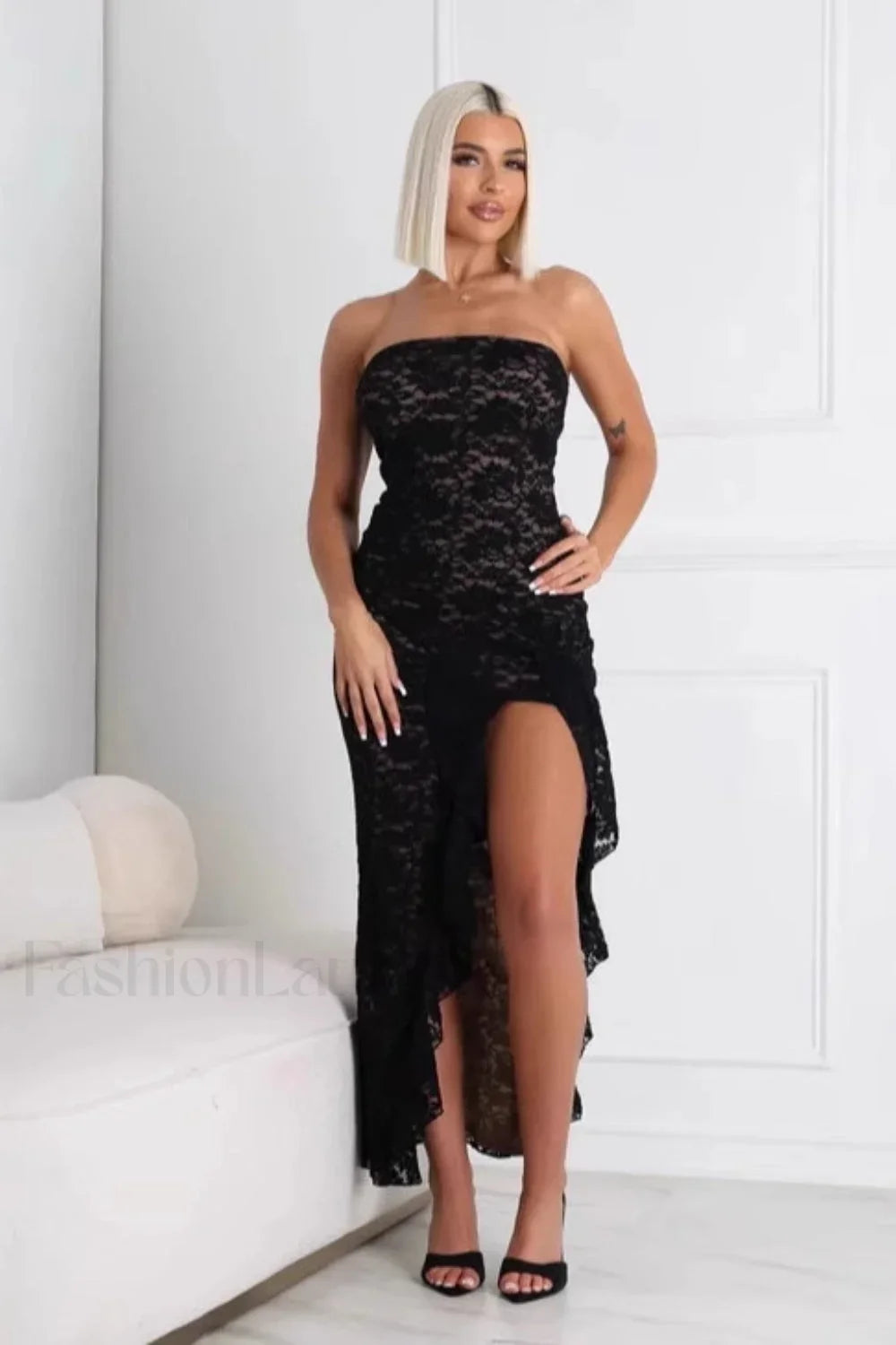 Lace Tube Top Ruffled Split Hem Maxi Dress