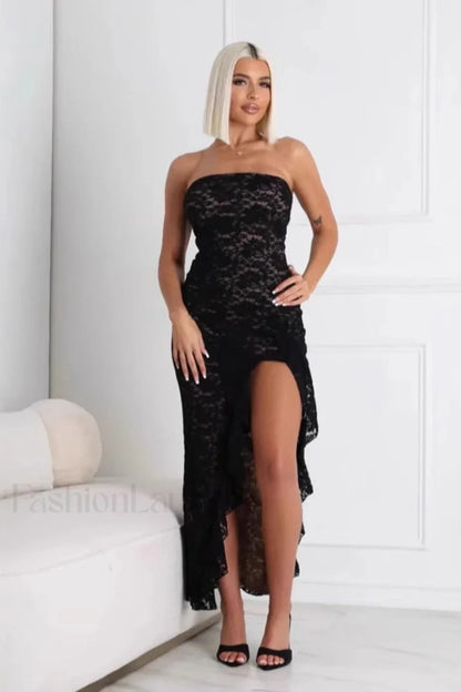 Lace Tube Top Ruffled Split Hem Maxi Dress